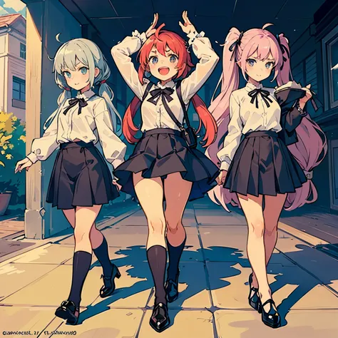 4 Girls all girls with  pink hair, all girls with long twintail hairstyle, small bushy eyebrows, wearing gothic lolita clothing, (Zankuro) drawing style by zankuro artist, Zancrow style, image uploaded to R34, walking to school, flirty smile, , lifting her...