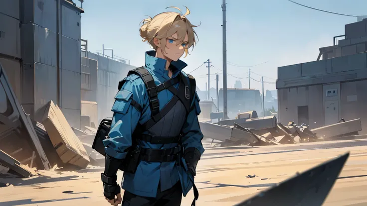 Military Combat Clothing , Black and Blue Clothing, Armored Clothing,1male , Teen Male , Muscular , Blonde Hair Tied in a Bun , Messy Hair , Serious Expression , Blue Eyes , Standing in outside , Facing Viewer ,carrying blue backpack
