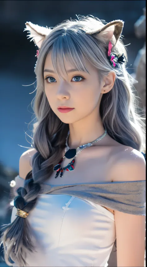 (masterpiece, best quality:1.2),1girl, upper body,tail, large tail, white hair, very long hair, wavy hair, grey eyes, detailed eyes, multicolored hair, circlet, bead necklace, animal ears, leopard ears, black cape, white dress, hip vent, pelvic curtain, gr...