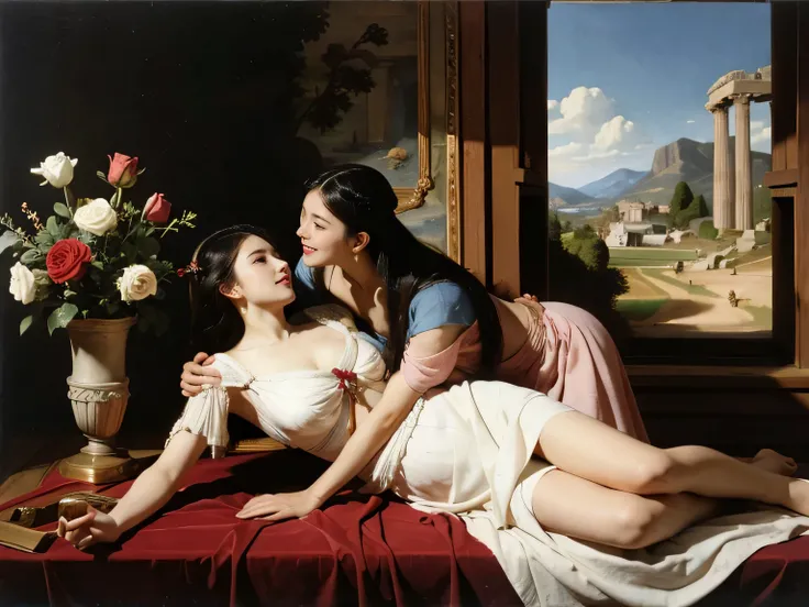 Giorgione painting style,Arguments of two female Philosophe,math、astronomical machine、astronaut、roses in vase、fruits、Cute trinkets、smile、ancient greek costume、Ancient Roman landscape in the style of Nicolas Poussin,laughter,,Sweet and seductive appearance....