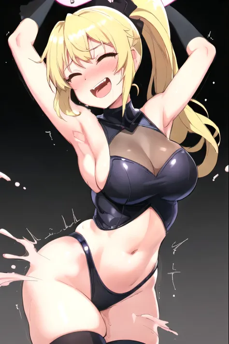 Girl Tickled On The Side, 1 girl,big breasts, smile, laughter, Looks happy,Are standing, armpit, grab, tickles, Research room,saliva,open your mouth wide,blonde ponytail,black leotard,