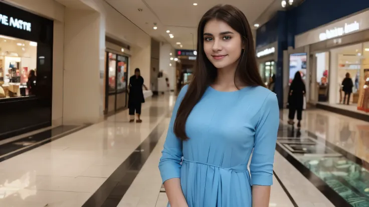 A photo of a 19 years old girl wearing Blue baju kurung with seducing pose,  with long dark brown hair styled in a big way, blue eyes, and natural-looking makeup. She should be looking directly at the camera and smiling while standing in shopping mall at M...