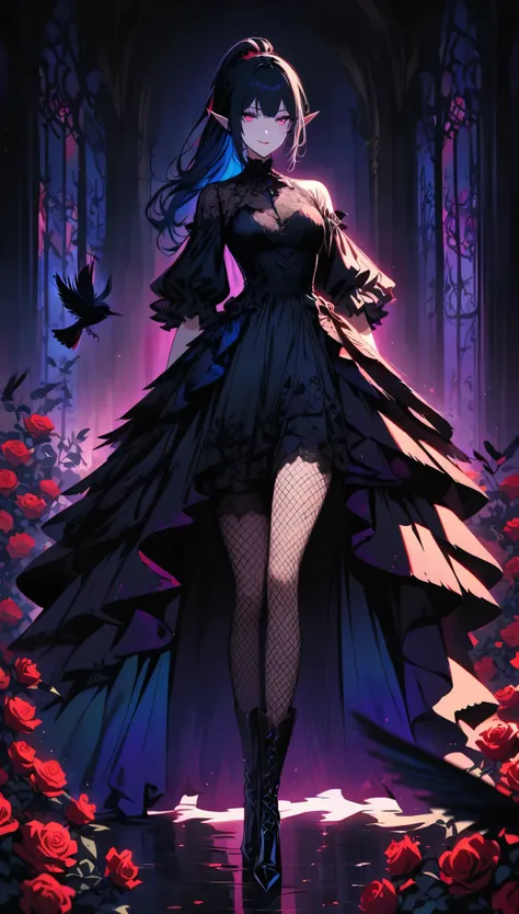 （dark atmosphere，goethe fashion，bright colors），（best quality，super exquisite，），sexy goth elf girl，rose garden at night，beautiful...