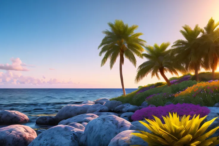 landscape,Deep blue ocean, Palm tree, Exotic flowers, bright landscape, , rock,, sunset, blue sky, water, Home, (Highly detailed CG 8k unit wallpaper), the most beautiful works of art in the world, professional majestic oil painting, Complex, high detail, ...