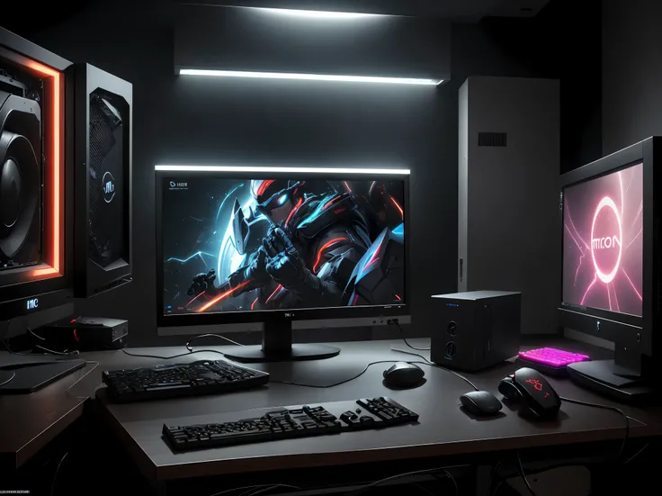 (highest quality, 4k, High resolution, masterpiece:1.2), Super detailed, (Realistic:1.37), computing room, ((gaming pc)), tower, LED case fan:1.2, Luminous CPU cooler, LED attached to the case, illumination, shine, RGB, LED, desktop computer, monitor, keyb...