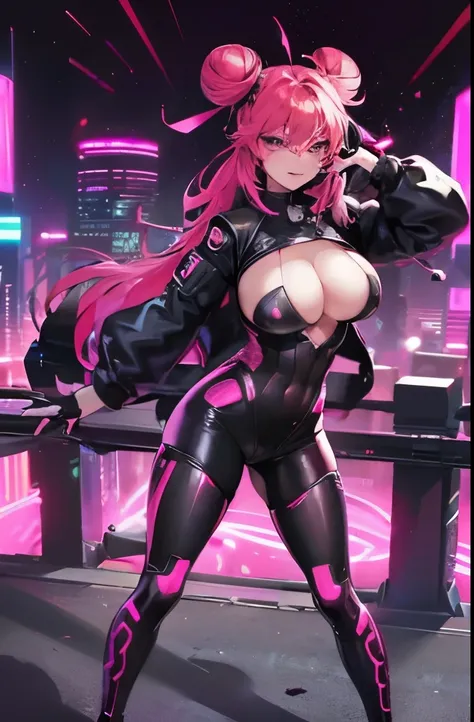 ((cyberpunk aesthetic)), (full body), (cyberware), (showing skin), (((large_breasts))), (pink_hair), (double bun hair), (red light district city background), (glowing lights), (starry night sky) (confident expression), (smug expression), (seductive), (past...