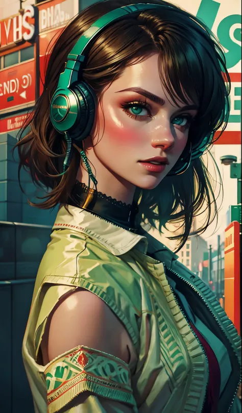 model girl wearing headphones, city background, emerald green eyes, intricate details, aesthetically pleasing pastel colors, pos...