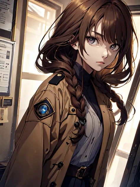 Woman, long brown hair, braids, bangs, messy hair, brown eyes, light in eyes, womens overcoat, blue katana, uniform clothes, dark city with broken background, locks of hair
