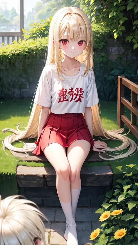 I&#39;m 11 years old、blonde、medium long hair、red eyes、two cute girls、alone、and soul、white t-shirt、mini skirt、white panties、透き通るwhite skin、white skin、beautiful skin、beautiful feet、slim legs、garden、sit on top