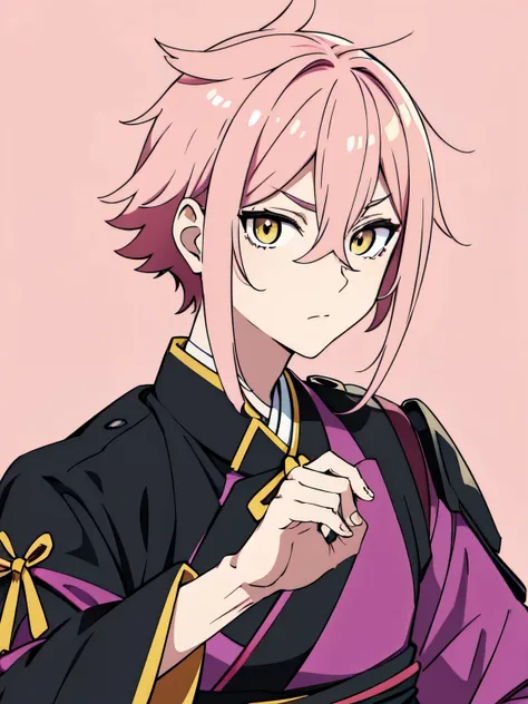 masterpiece, best quality, highres, anime, male, 1man, pink hair, black hakama, yellow eyes, lanlingwang, neutral face, simple b...