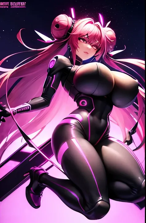 ((cyberpunk aesthetic)), (full body), (cyberware), (showing skin), (((large_breasts))), (pink_hair), (double bun hair), (red light district city background), (glowing lights), (starry night sky) (confident expression), (smug expression), (seductive), (past...