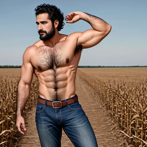 barbado, Shirtless man standing in front of a cornfield, pantalones vaqueros, Super buff y genial, pecho peludo y cuerpo peludo, pecho peludo, Pelo en el pecho, 30 year old man, inspirado en Maluma