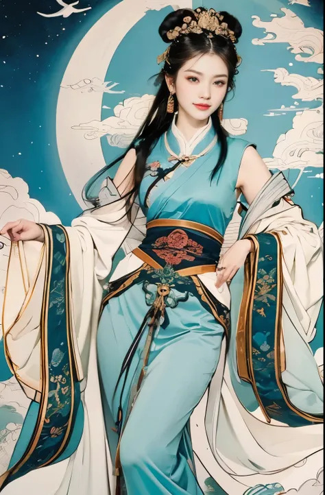 (masterpiece, top quality, best quality, official art, The face is beautiful and beautiful:1.2), (1 Chinese goddess，Change fairy:1.5), Very detailed,(Dunhuang art:1.1),(Dunhuang is rich and colorful:1.1)(flowers:1.3),most detailed,(Chinese painting:1.2), (...