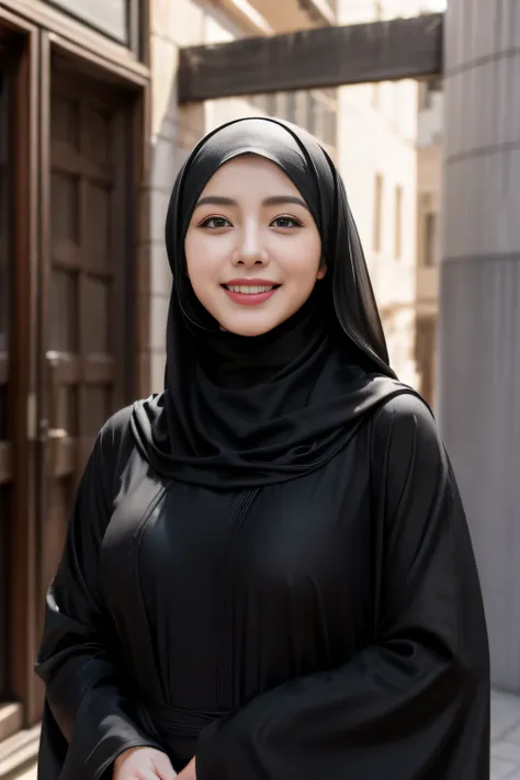 (k, RAW photo, best quality, masterpiecel1.4), ((wall streets background)) , ((  smile face )),  (realistic, photo-realistic:1.37), photo of a women in black hijab, 1girl, (lighting), ((wearing black fit jubah)) , ((selfie pose)), ((covered breast))