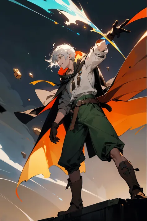 best quality, highres, ultra-detailed, tall man in his 20s, with gray hair and gray eyes, wearing a long cloak with a hood, green shorts, white shirt, brown boots, brown belt, blue gloves with a gem, striking a falling pose, fireball, vivid colors, concept...