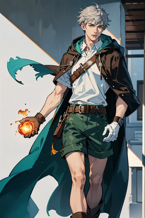 best quality, highres, ultra-detailed, tall man in his 20s, with gray hair and gray eyes, wearing a long cloak with a hood, green shorts, white shirt, brown boots, brown belt, blue gloves with a gem, striking a falling pose, fireball, vivid colors, concept...