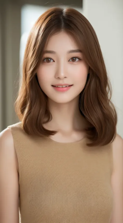 ((Best Quality, 8K, Masterpiece: 1.3)), 1 Girl, Slim Abs Beauty: 1.3, (Hairstyle Brown Hair Shortcut, Big: 1.2), Dress: 1.1, Super Slender Face, Delicate Eyes, Double Eyelids, Smile, Home, Raw Photo