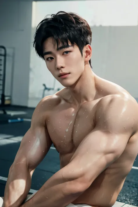 Japanese male gymnast, muscular, muscular, broad shoulders, pale skin, handsome face, wet with sweat, fine facial features, sitting on the edge of the gym, in the gum. background, taking a break, sharp image, Looking at the camera, studio lights, modeling,...