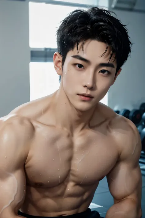 Japanese male gymnast, muscular, muscular, broad shoulders, pale skin, handsome face, wet with sweat, fine facial features, sitting in the gym, gym machine in background, taking a break, sharp image, Looking at the camera, studio lights, modeling, sexy and...