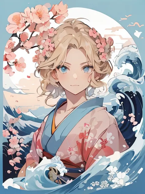 Japanese T-shirt design, Weller Hokusai, Hokusai style, Incorporate modern animation elements, blonde hair, blue eyes, softfarben, 1 girl, Lovely, kawaii, Sweet, soft, 