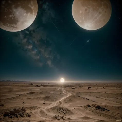 obra maestra 8k, ((daylight scene)), ((Luz tenue)) It is daytime on a completely desert planet and we see the sky with two moons and full of large spaceships with complex structures.., paisaje celestial, estrellas y nebulosas
Y aves alrededor