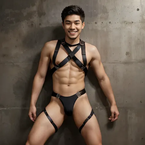 1boy,asian young man, beard,skinny,twink,normal body ,curly hair, with harness , playful , smiling , fullbody , full height,intense gaze ,cover shot, instagram model,perfect hands , fullbody , against the wall