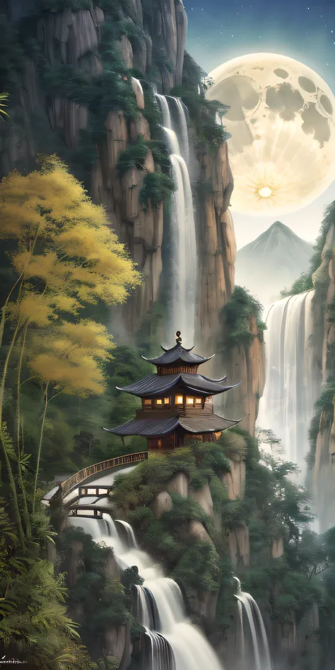 masterpiece, high quality, Very detailed Cg Unity 8K wallpaper, landscape, outdoor, bamboo, moon，night， unmanned, Mountain, landscape, waterfall man, cliff, nature, panda, Award-winning photography, high dynamic range, bloom, Color difference ,lifelike,Ver...