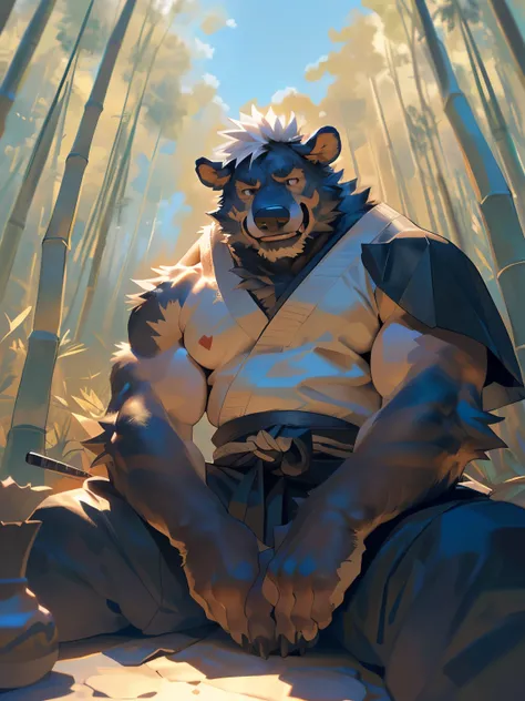 (detailed background:1.2), (((bara, hard gay, super muscular male, large pectorals, huge thighs, full body, feet))), (solo, aged up, mature anthro boar with strong bodybuilder figure, fluffy body, daddy, small tummy, large pectorals, sexy), (((rewarding, s...