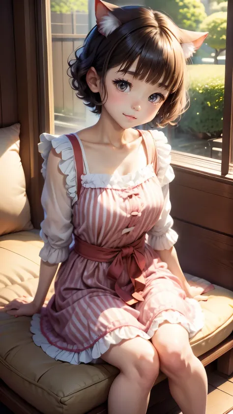 japanese girl, frilled summerdress, smile, kiddy, curly short hair, nekomimi, sitting on cushion