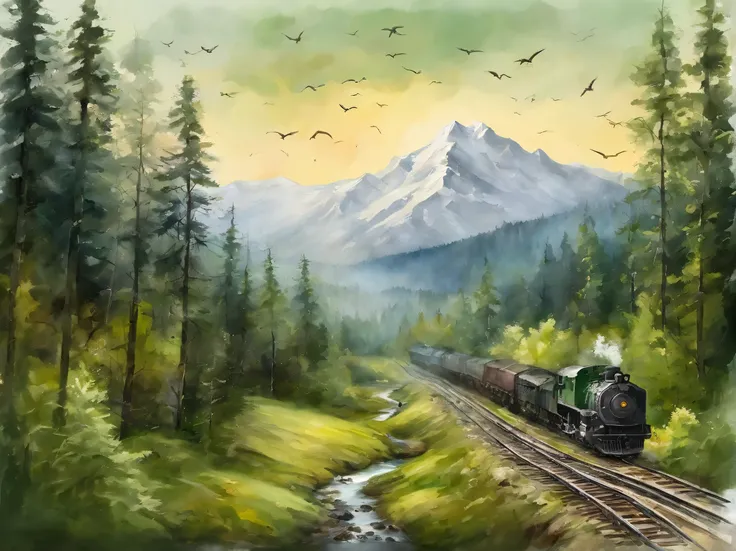 An old steam freight train（double track railway）Travel through dense Siberian forests，The distant scenery includes towering snow-capped mountains，Dense forest in foreground，tall trees。This scene captures lush greenery，pines and cypresses。watercolor art（Tos...