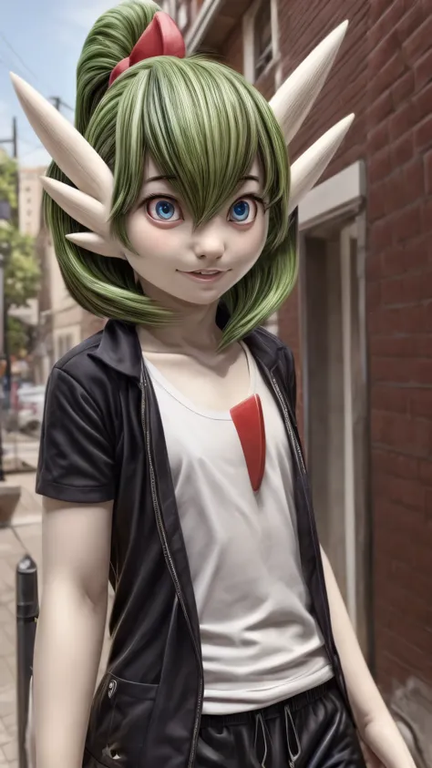 1 girl, Alone, artwork, best_quality, Photoshoot, looking at camera, college age adult gardevoir, tired expression, Pokémon, Pokémon (game), game freak, nintendo, (porcelain skin), blue eyes, (hair green), (messy hair in a ponytail), black cardigan, loose ...