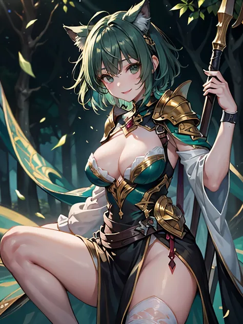 highest quality,wonderful,masterpiece,delicate,ultra high resolution,Super detailed,intricate details,beautiful,8K resolution,(Highly detailed CG Unity 8K wallpaper),sharp focus、anime、fiction、one woman、dark green hair girl 、Metallic colored hair、short hair...