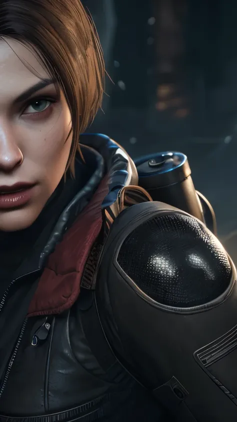 Close-up of a woman with a gun and an alien, background of resident Evil game, resident Evil virus concept art, Glamorous Jill Valentine, computer graphics, resident Evil, resident Evil inspired, super detailed game art, The epic art of video games, promo ...