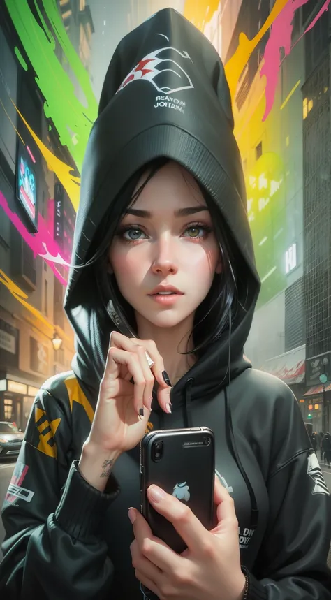 painting of a woman in a new england hoodie holding a cell phone, digital art style, beautiful digital artwork, airbrush digital art, realistic digital art 4 k, realistic digital art 4k, painting by android jones, urban girl fanart, in style of digital ill...