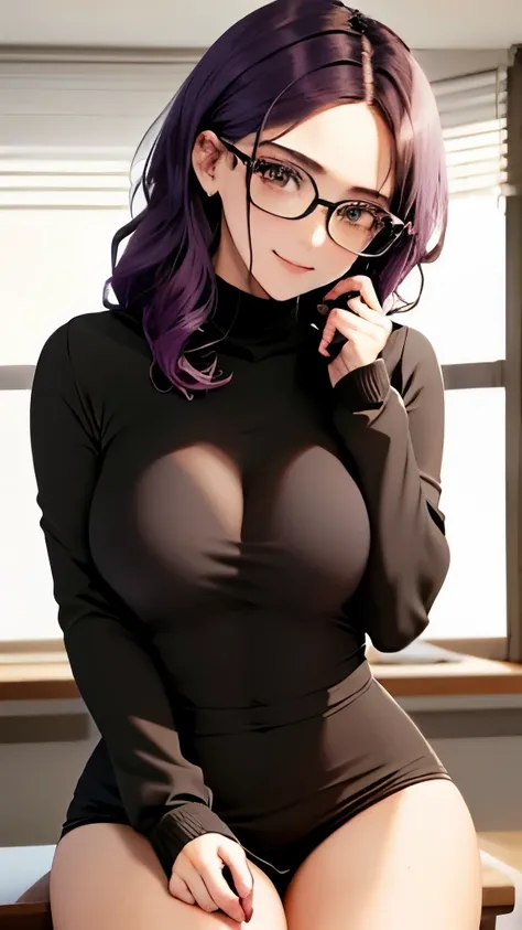 (Obra maestra:1.2, La mejor calidad), 1lady,solamente，1girll, They are smiling，Gafas de sol, Gafas en la cabeza, lenceria morada，purple color hair，Ojo morado, habitancion, pose seductora,leotard-style, full body, in classroom, sitting on a desk, thicc thig...