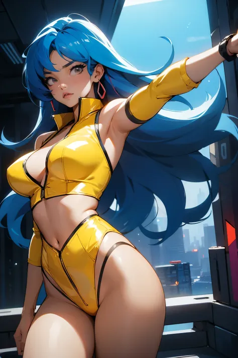 (best quality:1.2,highres,ultra-detailed), detailed face and body of Yuri from The Dirty Pair, stunning Asian beauty, expressive brown eyes, luscious lips, long flowing blue hair, (skimpy yellow outfit), (revealing cleavage), confident and sexy pose, (cybe...