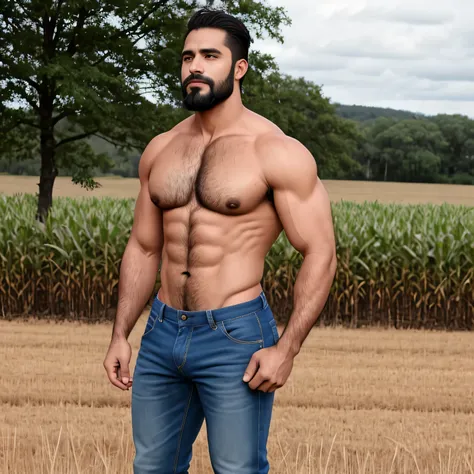 barbado, Shirtless man standing in front of a cornfield, pantalones vaqueros, Super buff y genial, pecho peludo y cuerpo peludo, pecho peludo, Pelo en el pecho, 30 year old man, inspirado en Spiderman