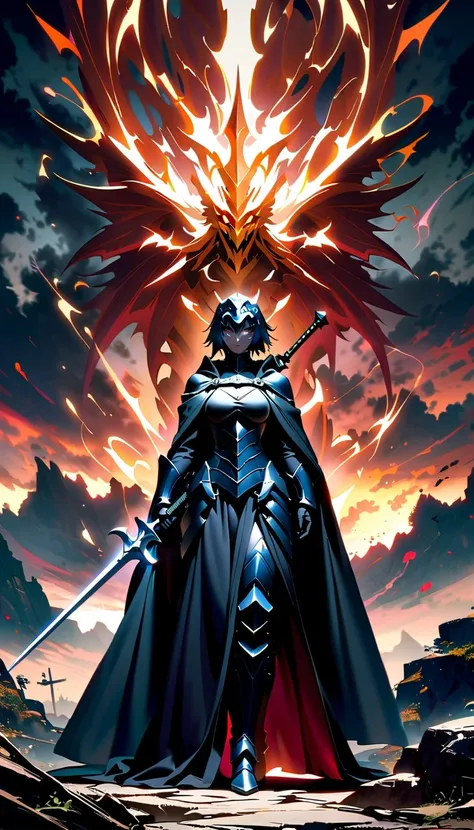 whole body，epic anime style female warrior贞德阿尔特（joan of arc）, with a sword and a cloak, standing in front of a cloudy sky, inspi...