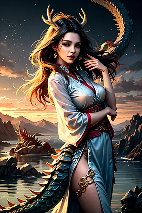 Beautiful  in Hanfu with lake in background, girl standing with cyan Chinese dragon, (Dragon: 1.4), Dragon Facing Lens, (Realistic, Photo Realistic: 1.3), Extremely Delicate and Beautiful, Amazing, Fine Detail, (Best Illustration), (Best Shadow), Intricate...