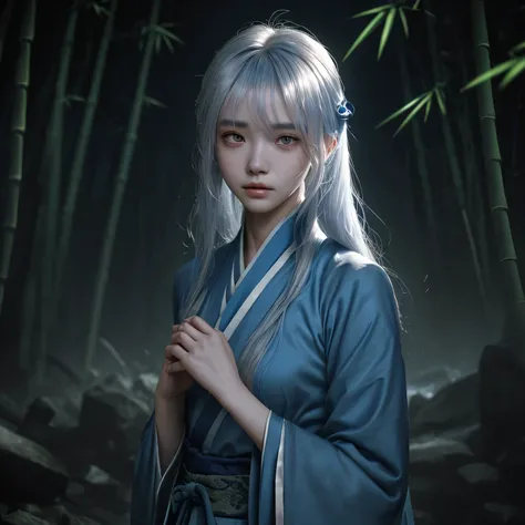 A handsome young man wearing blue Hanfu，Go to the grave and burn paper in the bamboo forest under the moon., silver hair, long hair, Hair piece, ribbon, tears, sad, open lips, pain, anime style, movie lighting, Stereo view, Partially underwater shooting, c...