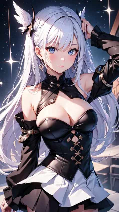 最high quality、best image quality、masterpiece、girl((20-year-old、 By becoming、vest bust、medium bust,wide open breast tea、shining eyes, silver hair、long hair、thin,highest valley、black 、black short skirt、shoulder tattoo,diamond earrings、Wristband、black gloves)...