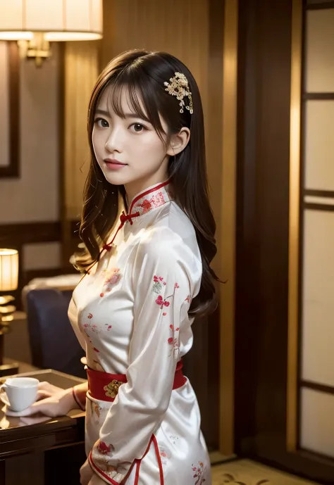 (((Hotel:1.3, indoor, Photographed from the front))), ((long hair:1.3, cheongsam clothes, japanese woman, cute)), (clean, natural makeup), (highest quality, masterpiece:1.3, 超High resolution), (Super detailed, caustics), (realistic:1.4, RAW shooting), very...