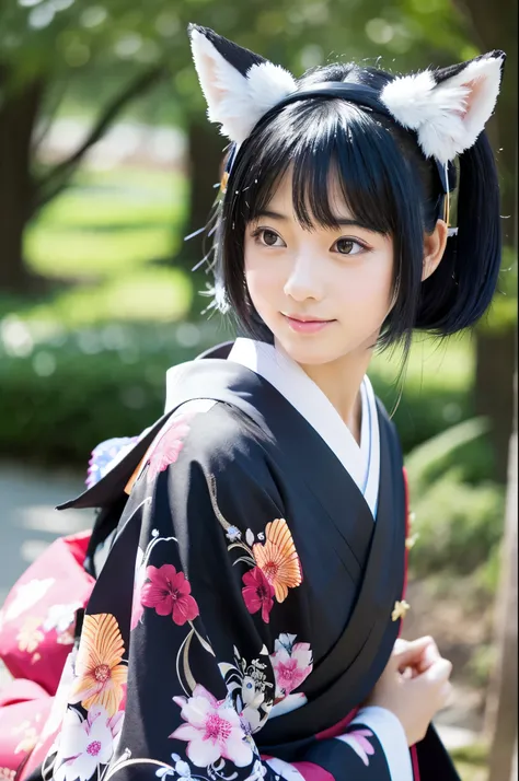 Standing picture、high school student、black hair、kimono、fox ears、