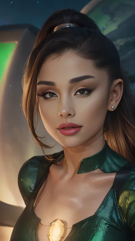 (sexy,beautiful,detailed) ariana grande as a green lantern, (ponytail)  (illustration,artwork), (best quality,4k,8k,highres,mast...