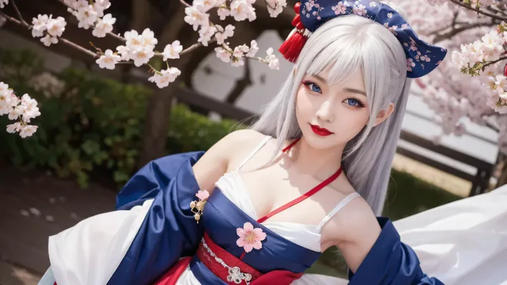 masterpiece,cosplay,genuine, 1 female, Bewitching,Oiran, dance,Garment Details, Cherry blossoms at night, facial details, Black hairpin, High resolution,  red lipstick, face with shadow,  full body description, silver hair, dynamic pose, blue eyes,silver h...