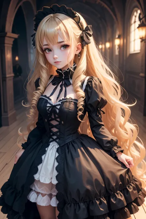 nothing, highest quality, girl, blonde, curly hair, evil girl, dress,gothic lolita, long hair, dress with skirt, 8k, dark atmosp...