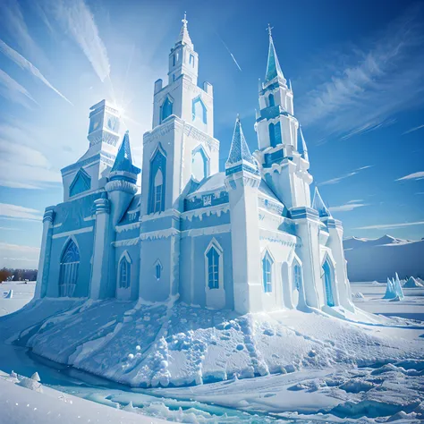 Ice Kingdom: A frozen kingdom blanketed in snow and ice, with towering ice castles and majestic ice sculptures.