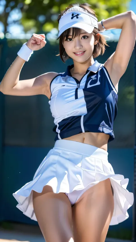 (highest quality, masterpiece, ultra high resolution, (realistic:1.4), Raw photo, very detailed, perfect anatomy), 
((1 girl, most famous japanese idol)), ((Wearing a colorful tennis uniform sleeveless shirt, Wearing a colorful tennis uniform skirt, Wearin...