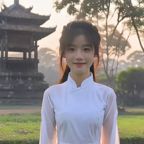 Vietnamese girl, wearing a thin white ao dai, cute face, shoulder-length hair, background is an ancient pagoda