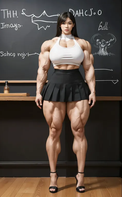  woman in a short skirt and high heels standing in front of a chalkboard, muscular girl, massive legs towering over you, strong and imposing, strong pose, feminine and muscular, very beautiful. big muscles, exaggeratedly large physique, exaggerated physiqu...